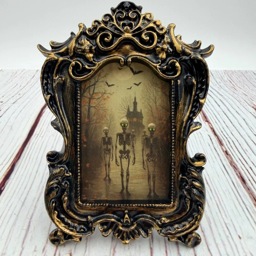 Handmade Gothic Skeleton Art Print Ornate Black Gold Resin Frame Spooky Decor